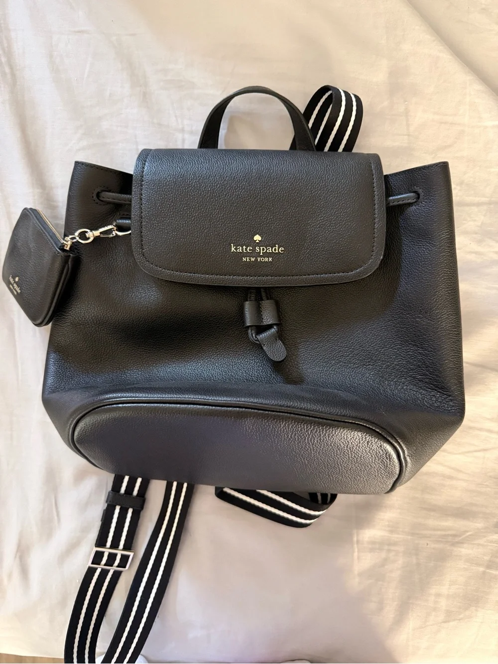 kate spade black leather pebbled drawstring backpack with striped straps